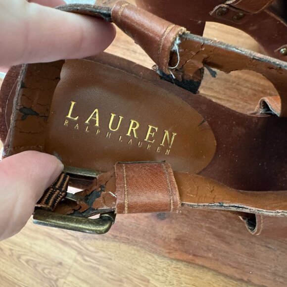 Vintage Ralph Lauren Leather and Wood Peep Toe Heels Size 8.5 - Picture 2 of 10